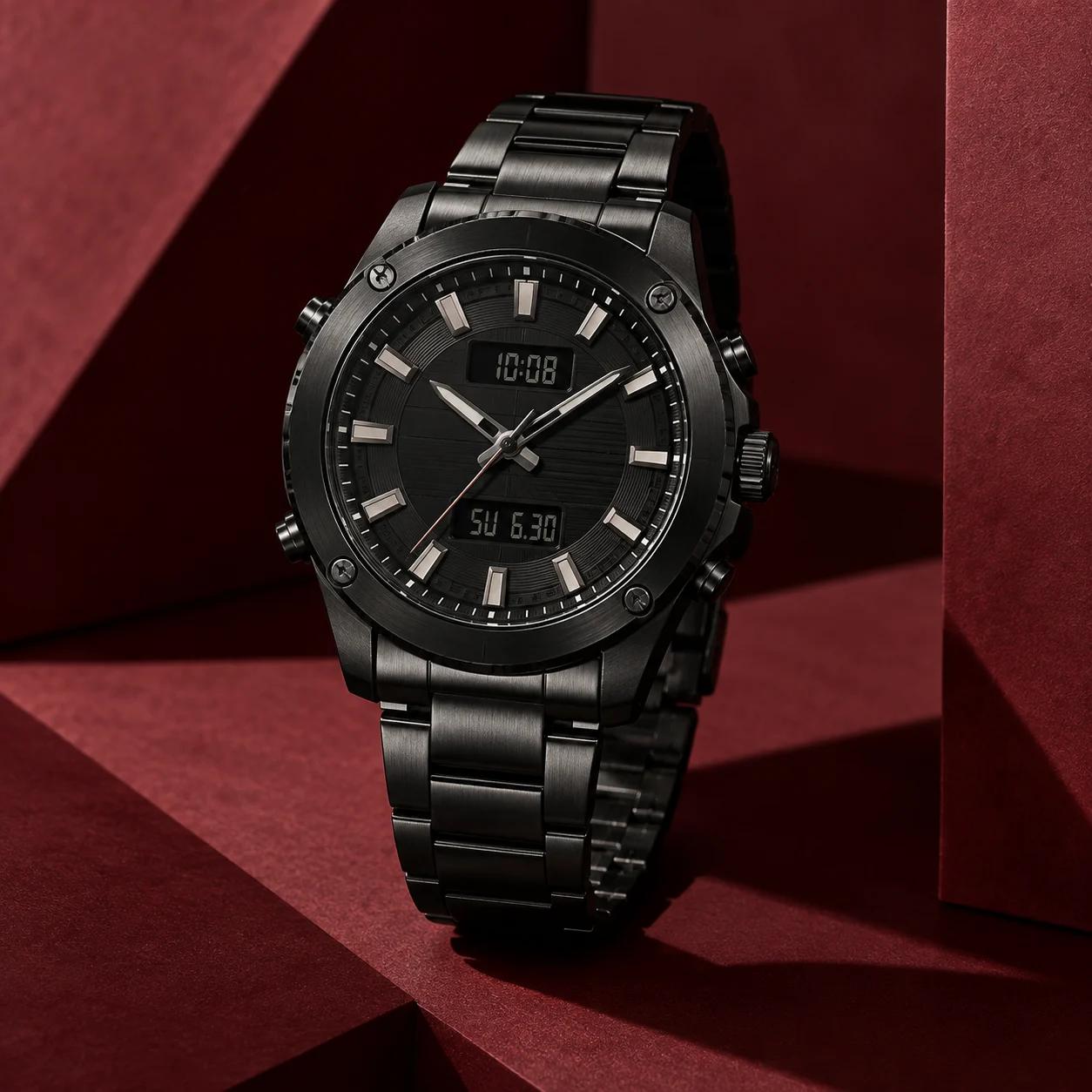 Black dual-display sports watch against burgundy architectural shapes