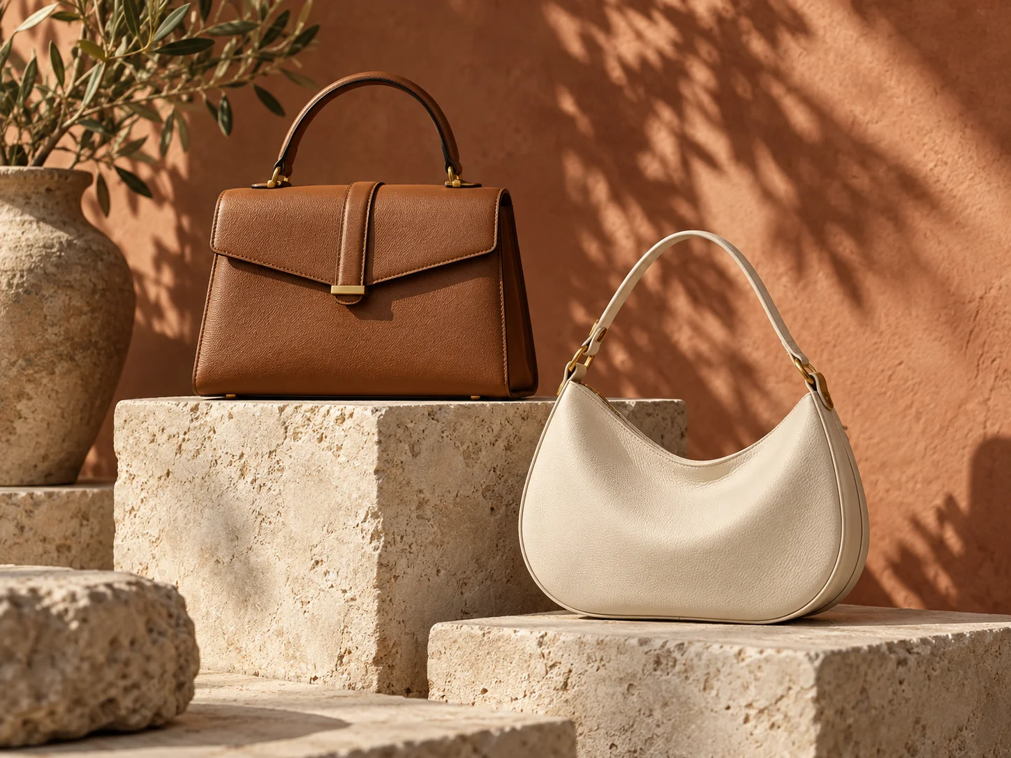 Cognac and ivory bags on sunlit limestone plinths