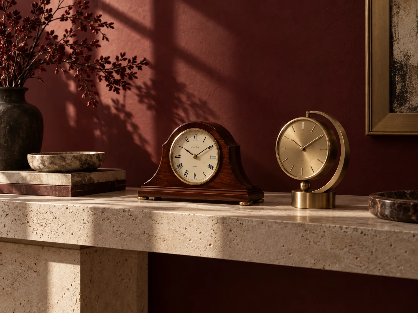 Cherry-wood mantel and brass tabletop clocks in a sunlit interior
