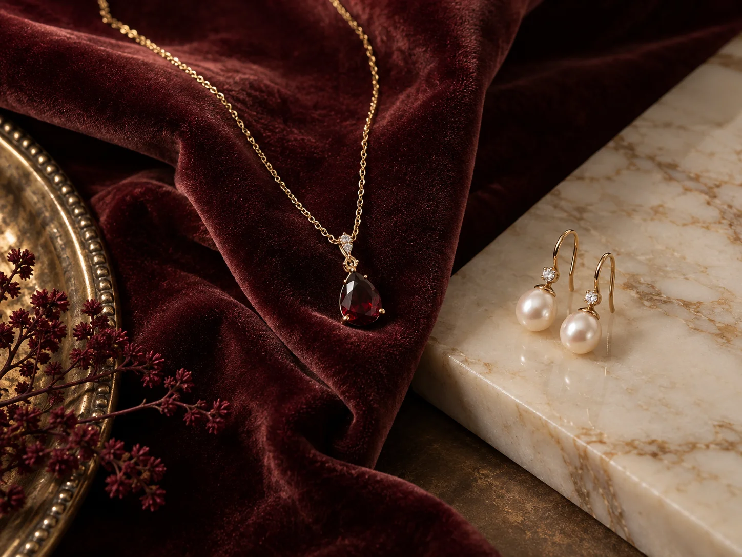 Garnet pendant and pearl earrings on burgundy velvet and marble