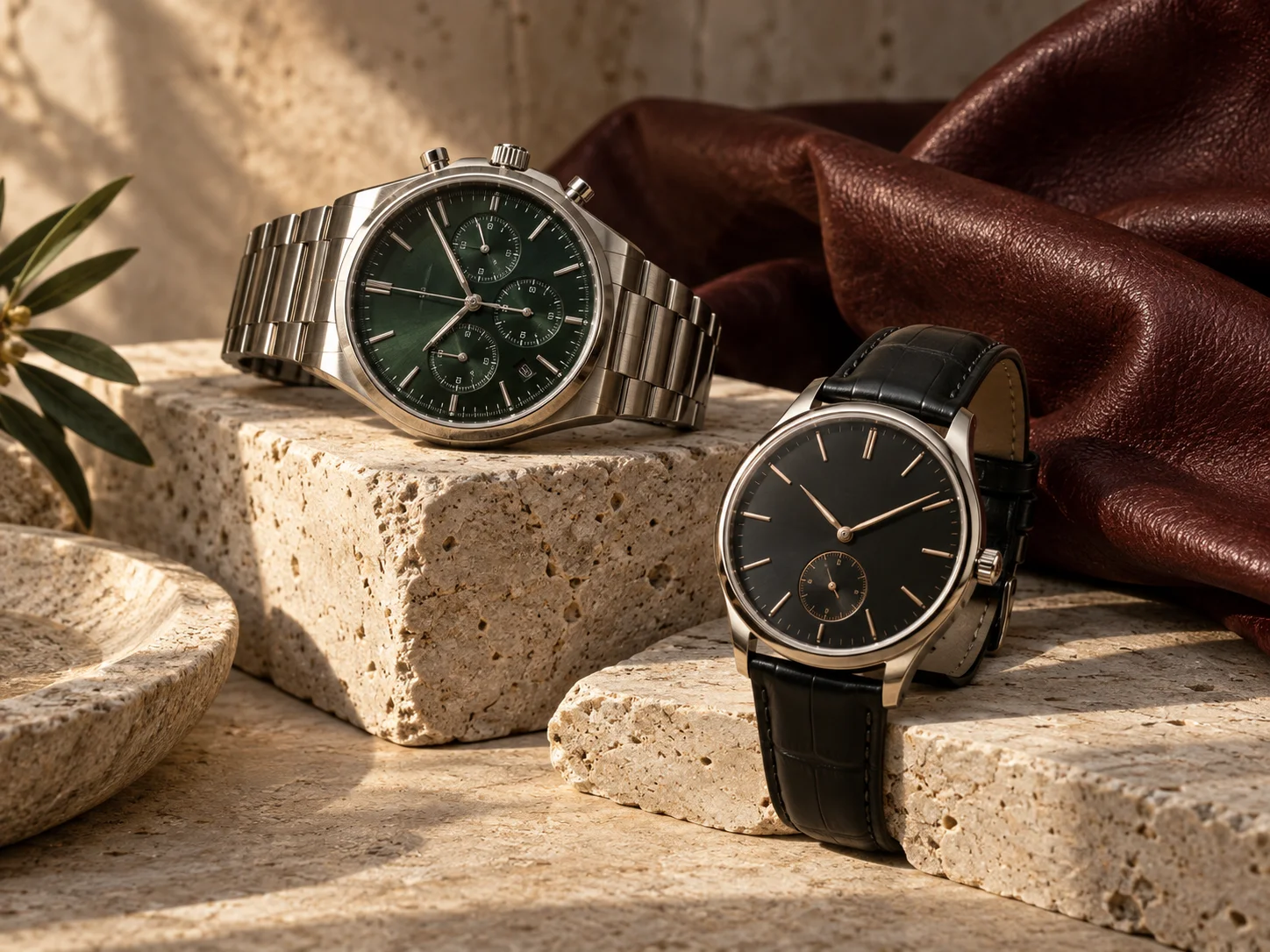 Two refined watches styled on travertine and oxblood leather