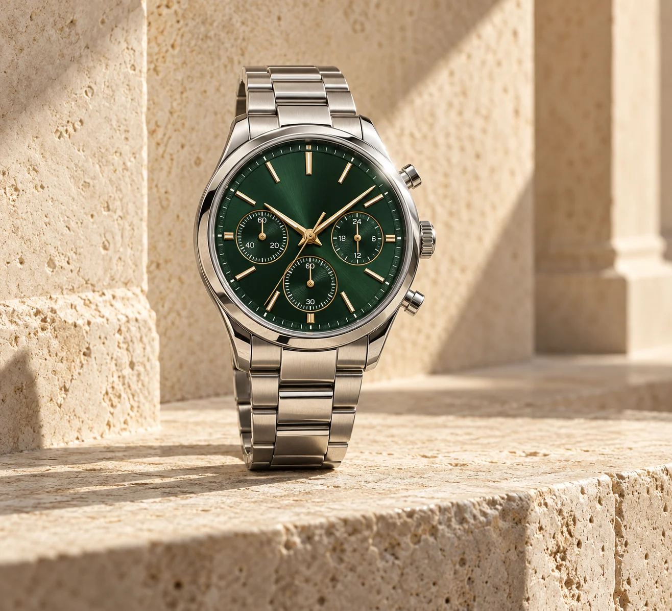 Green multi-dial steel watch photographed on sunlit travertine