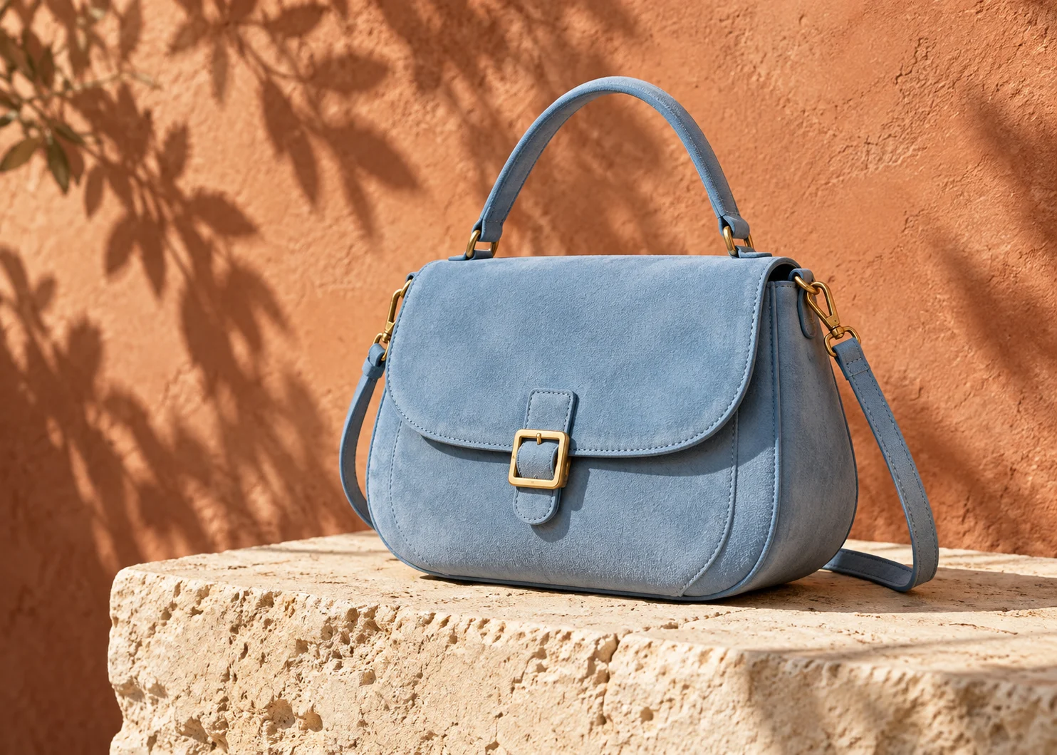 Sky-blue suede saddle bag against a terracotta wall